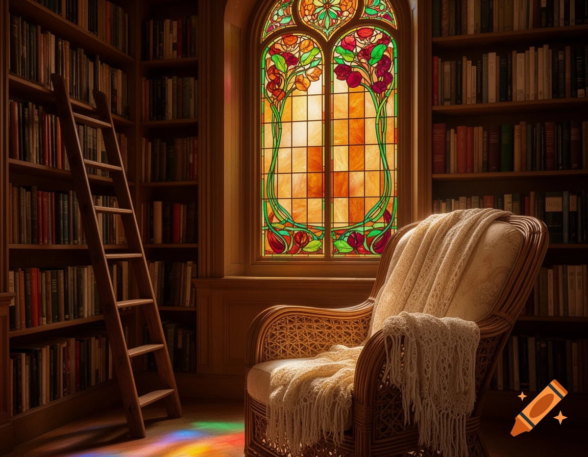 A cozy private library with floor-to-ceiling bookshelves and a ladder, featuring an Art Nouveau stained-glass window and a rattan armchair with a fringed blanket.