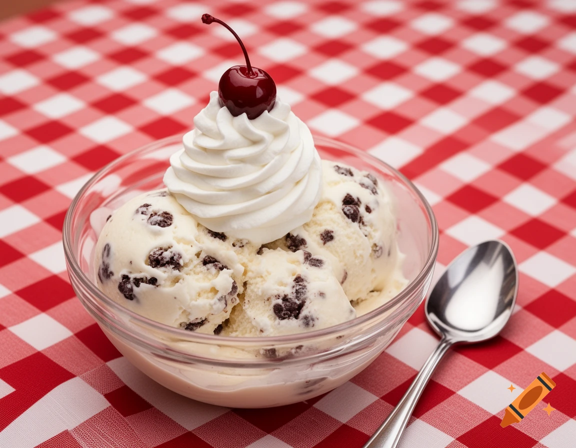 Three scoops of stracciatella ice cream topped with whipped cream and a cherry in a glass bowl on a red and white checkered tablecloth with a spoon.