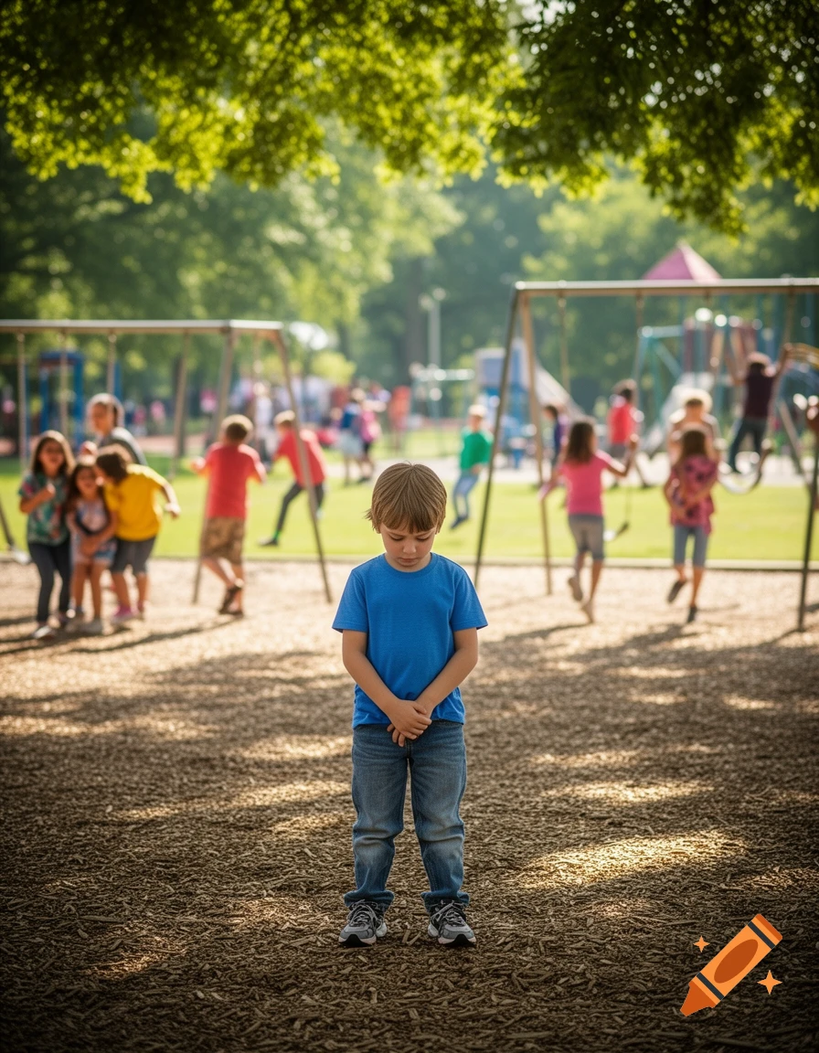 A sad boy stands alone in the foreground of a sunny park playground while other children play in the blurry background, photorealistic style.