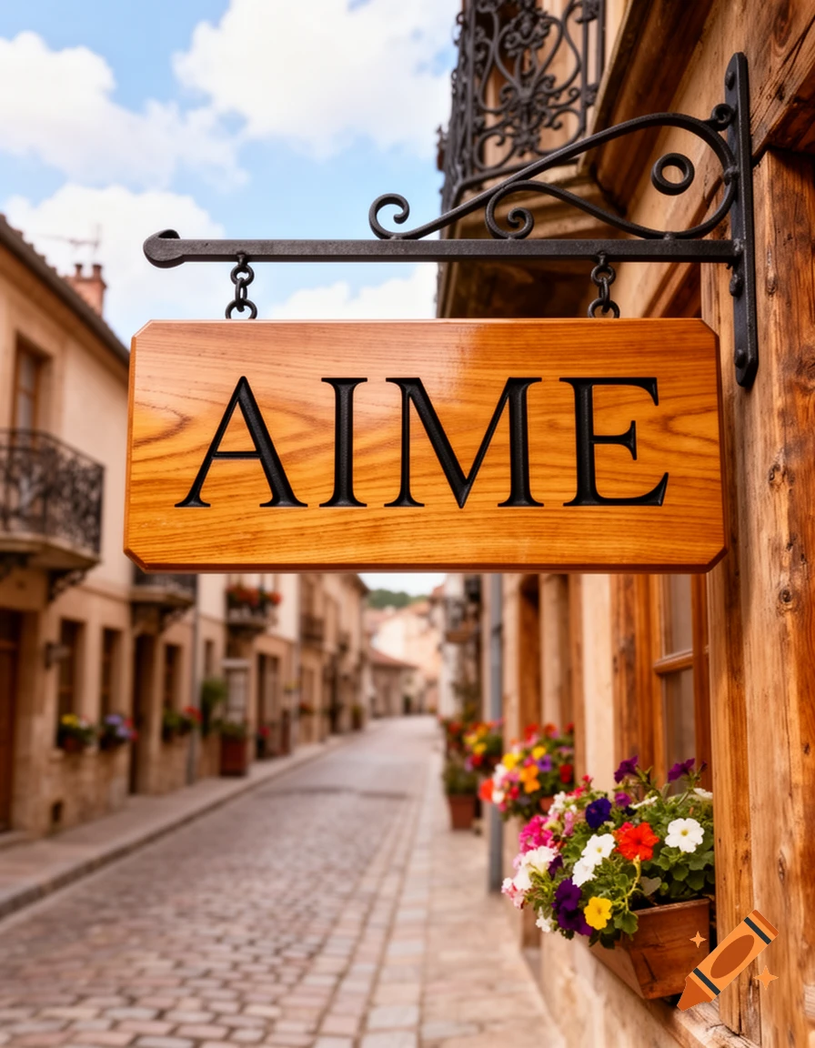 Photorealistic image of a wooden sign reading 'AIME' hanging above a cobblestone street lined with old buildings and flower boxes.