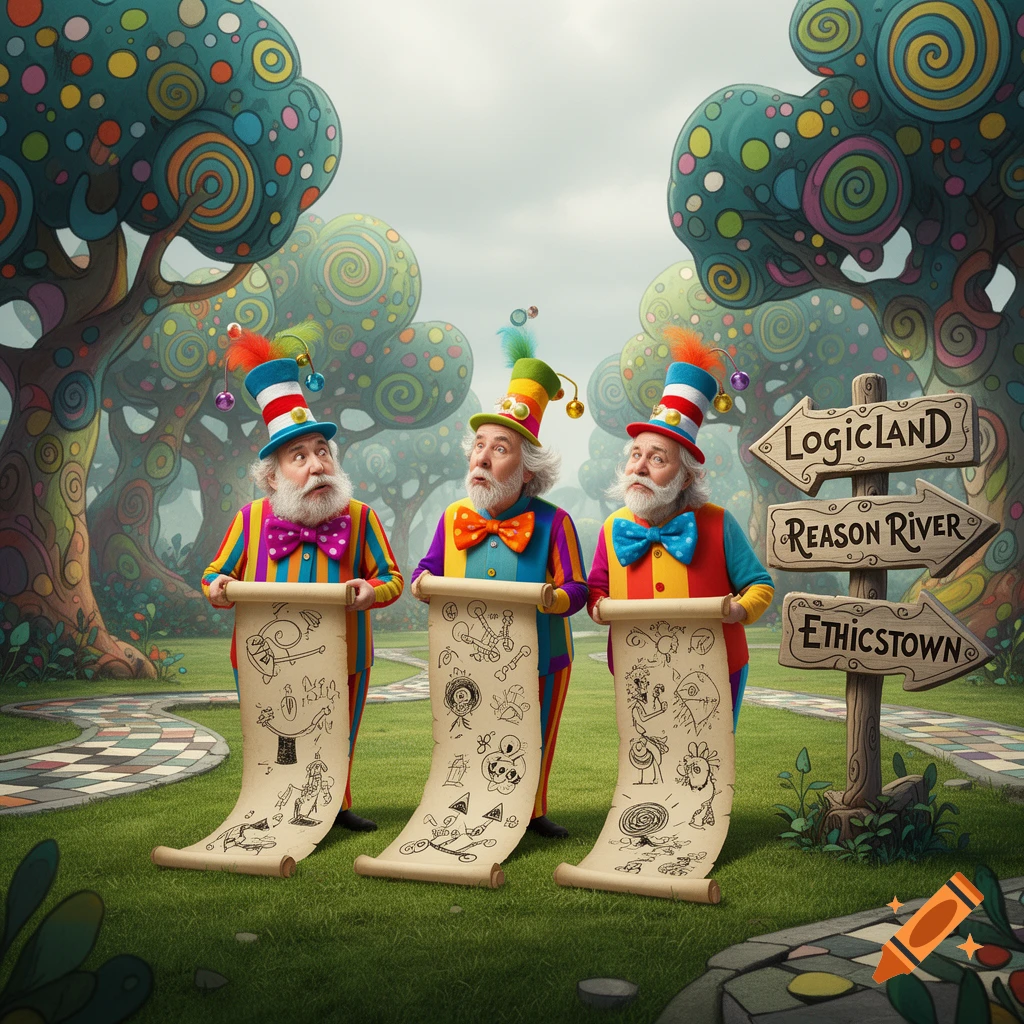Three whimsical old men in colorful outfits and hats hold scrolls in a fantastical, Seuss-like landscape with signs for Logicland, Reason River, and Ethicstown.