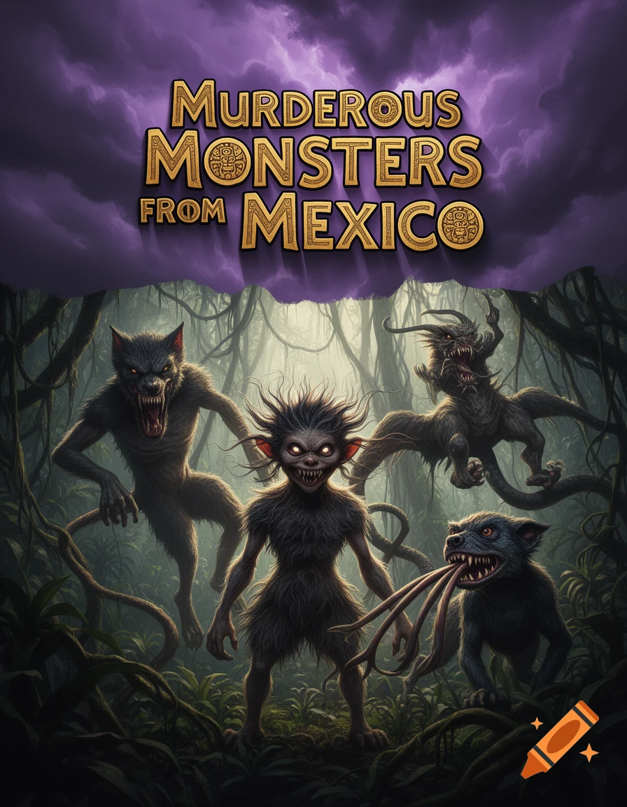Dark fantasy illustration of a group of stylized monsters in a dense jungle under the title 'Murderous Monsters from Mexico'.