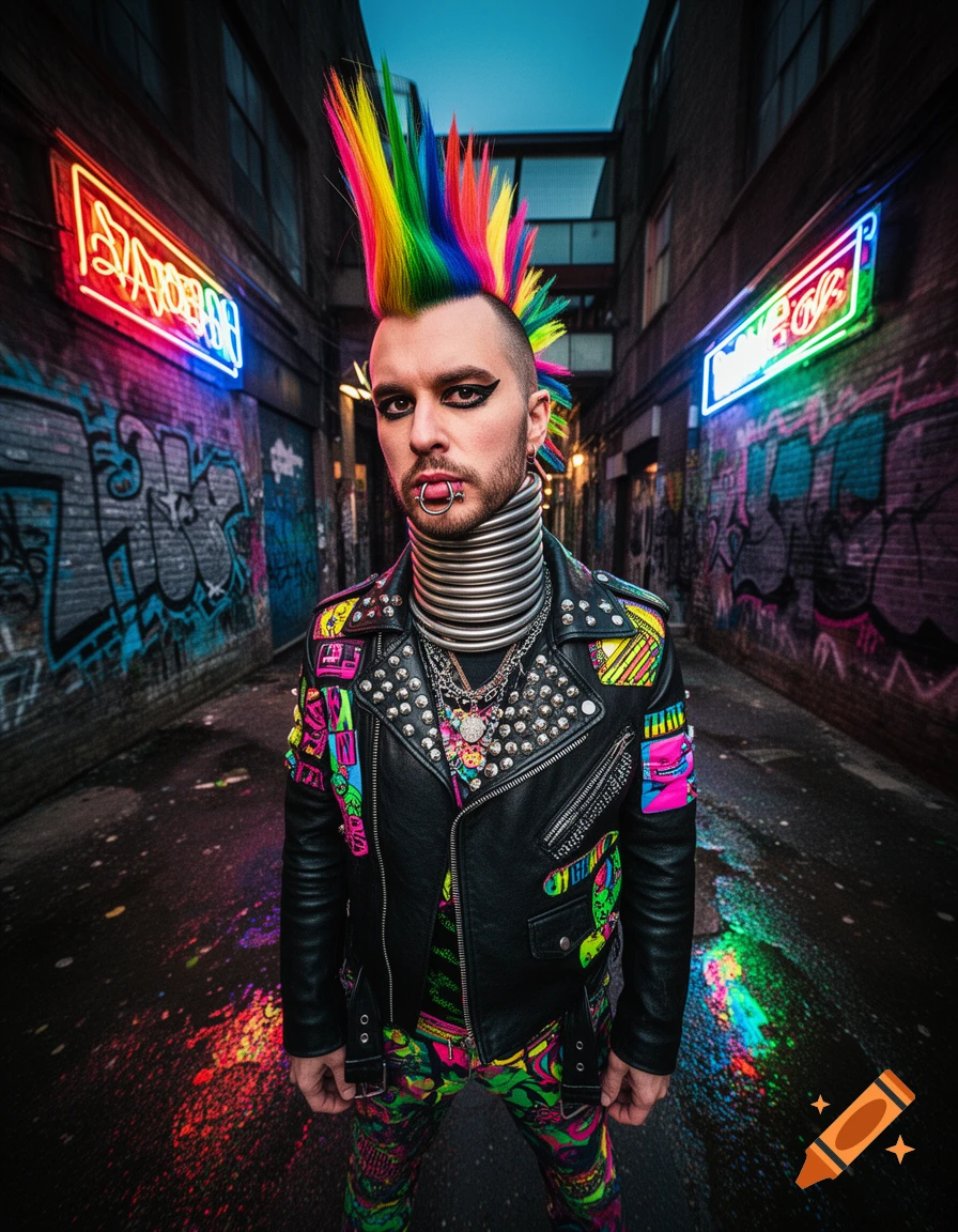 A man with a rainbow mohawk, metal spring neckpiece, and studded leather jacket stands in a graffiti-covered alley with neon lights.