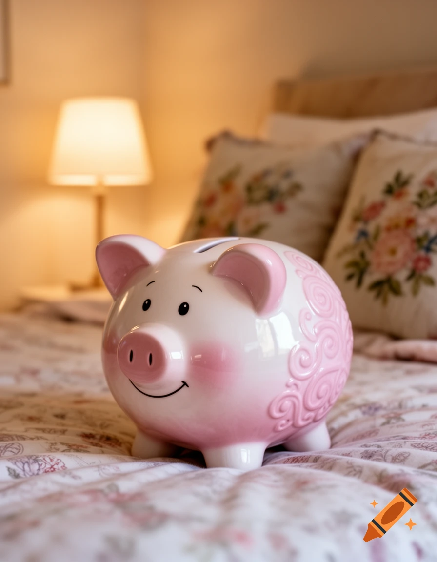 A pink and white ceramic piggy bank with a smiling face rests on a floral patterned bedspread, with a warm lamp in the blurred background.