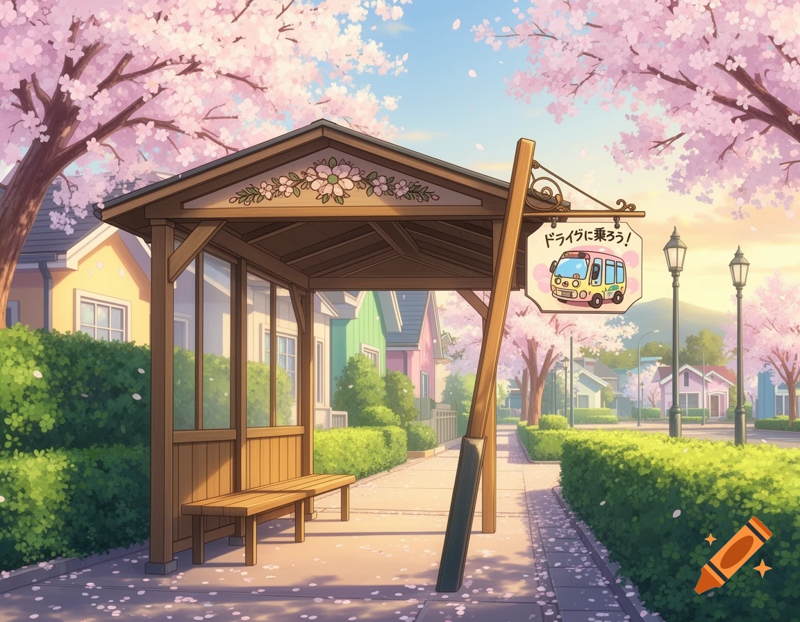 Anime-style bus stop decorated with cherry blossoms and a sign of a cute pink bus in a sunny suburban neighborhood.