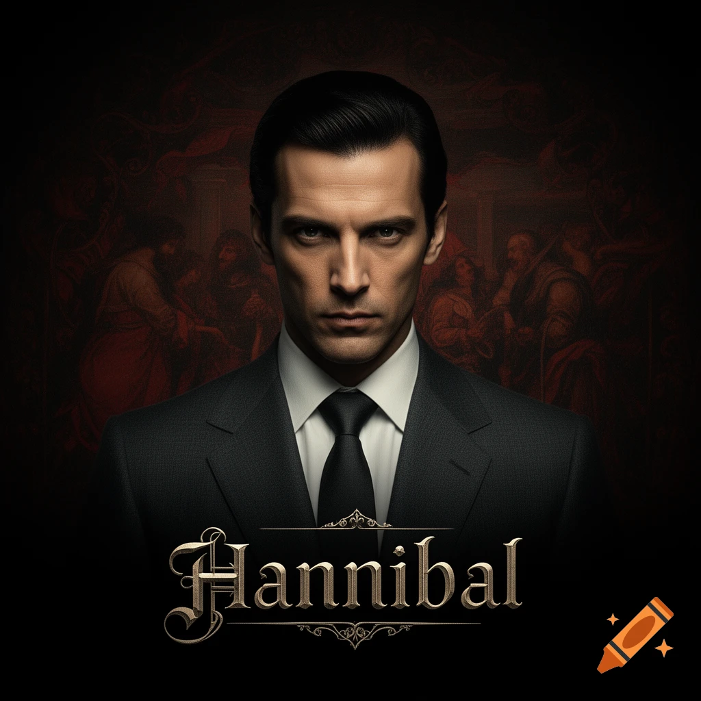 A man in a dark suit and tie with slicked-back hair stares intensely, against a dark red background with faint classical art. The name "Hannibal" is in ornate gold letters below.