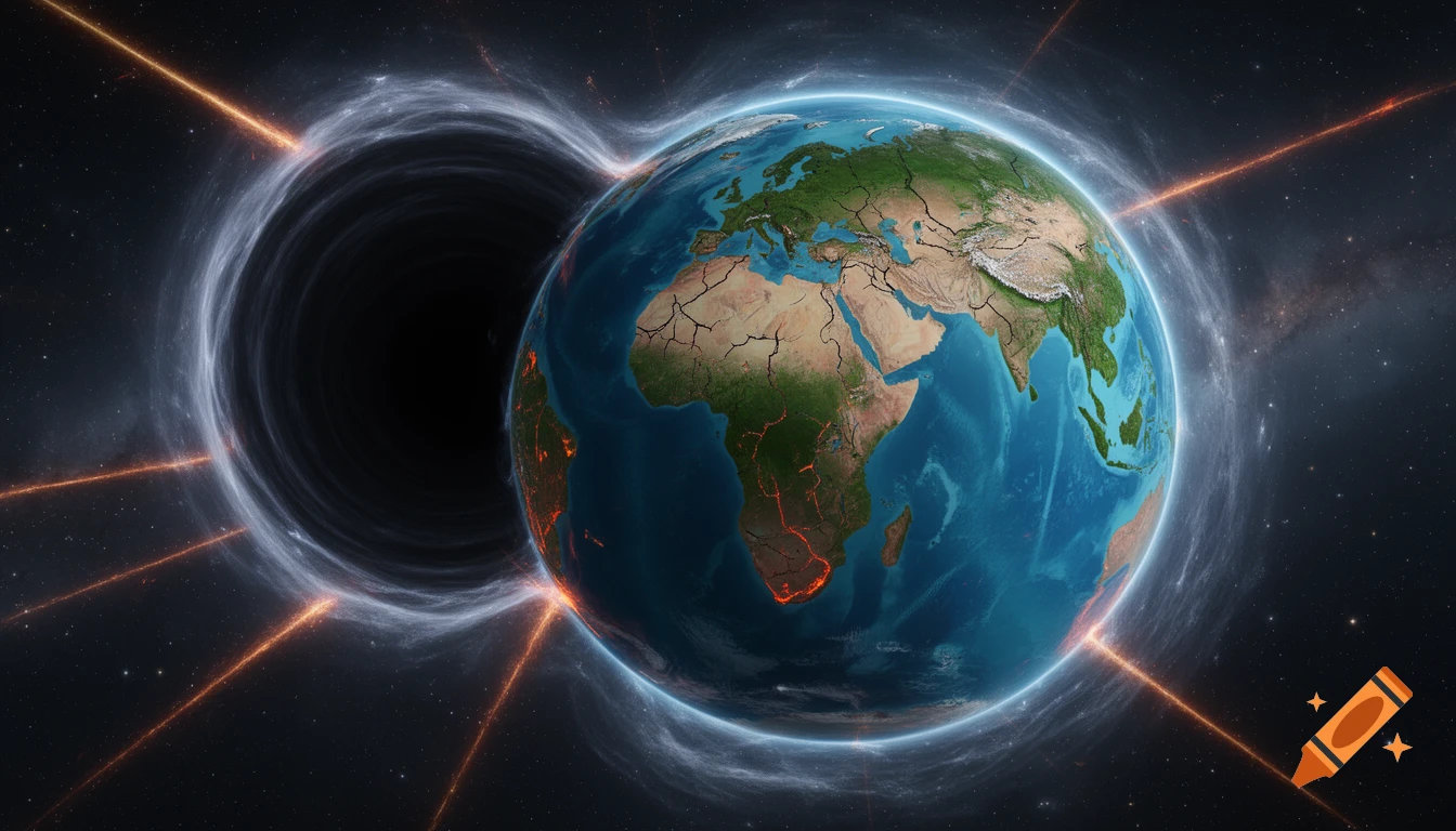 Earth, cracked and glowing with lava, near a swirling black hole emitting orange energy beams in deep space.