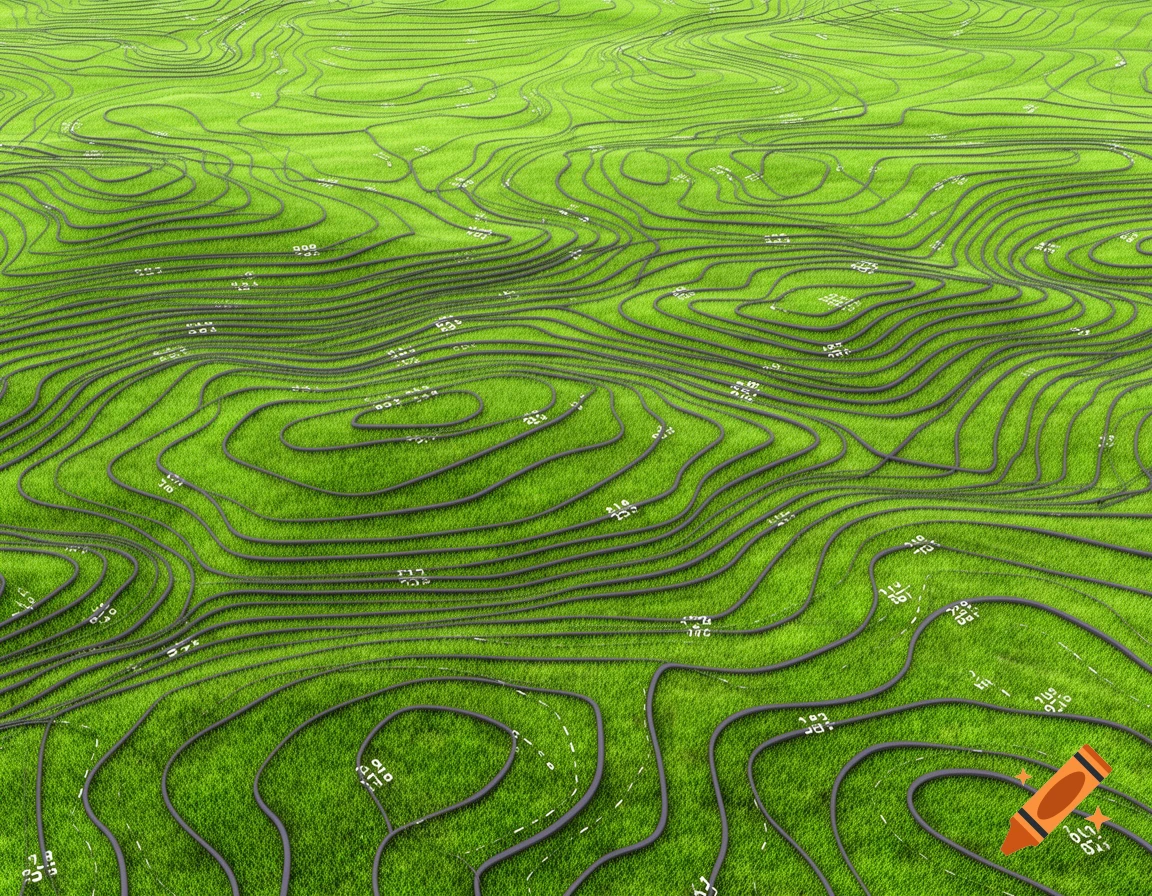 A vibrant green grassy landscape overlaid with dark, uneven topographic contour lines and elevation numbers.