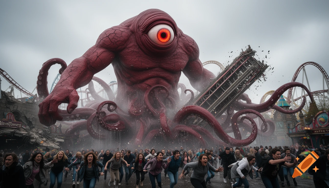 A giant, red, one-eyed monster with tentacles destroys an amusement park, sending a crowd of people fleeing in terror. Photorealistic style.