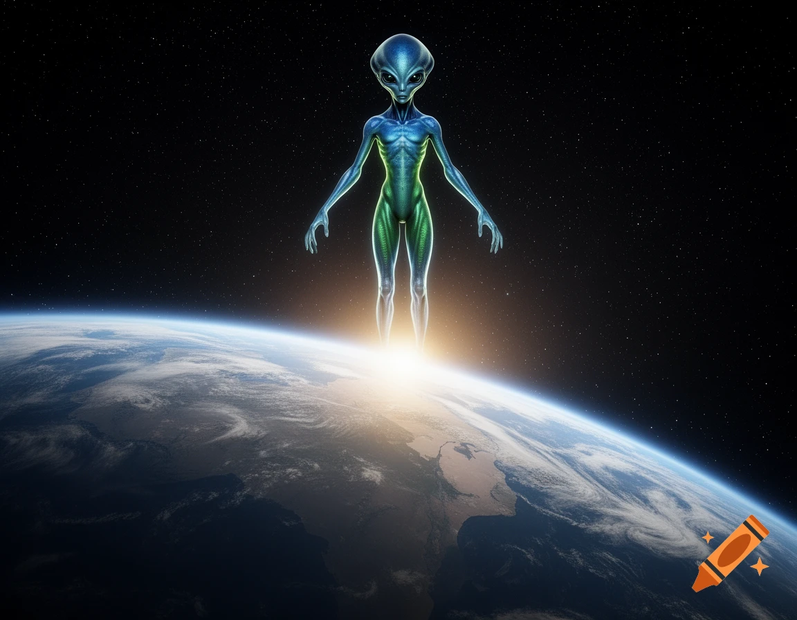 A blue and green humanoid alien with large eyes floats above the Earth's atmosphere, illuminated by a bright sun.