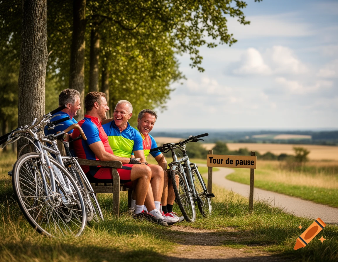 Four laughing men in cycling gear take a break on a bench with their bikes on a scenic outdoor path. A sign reads "Tour de pause."