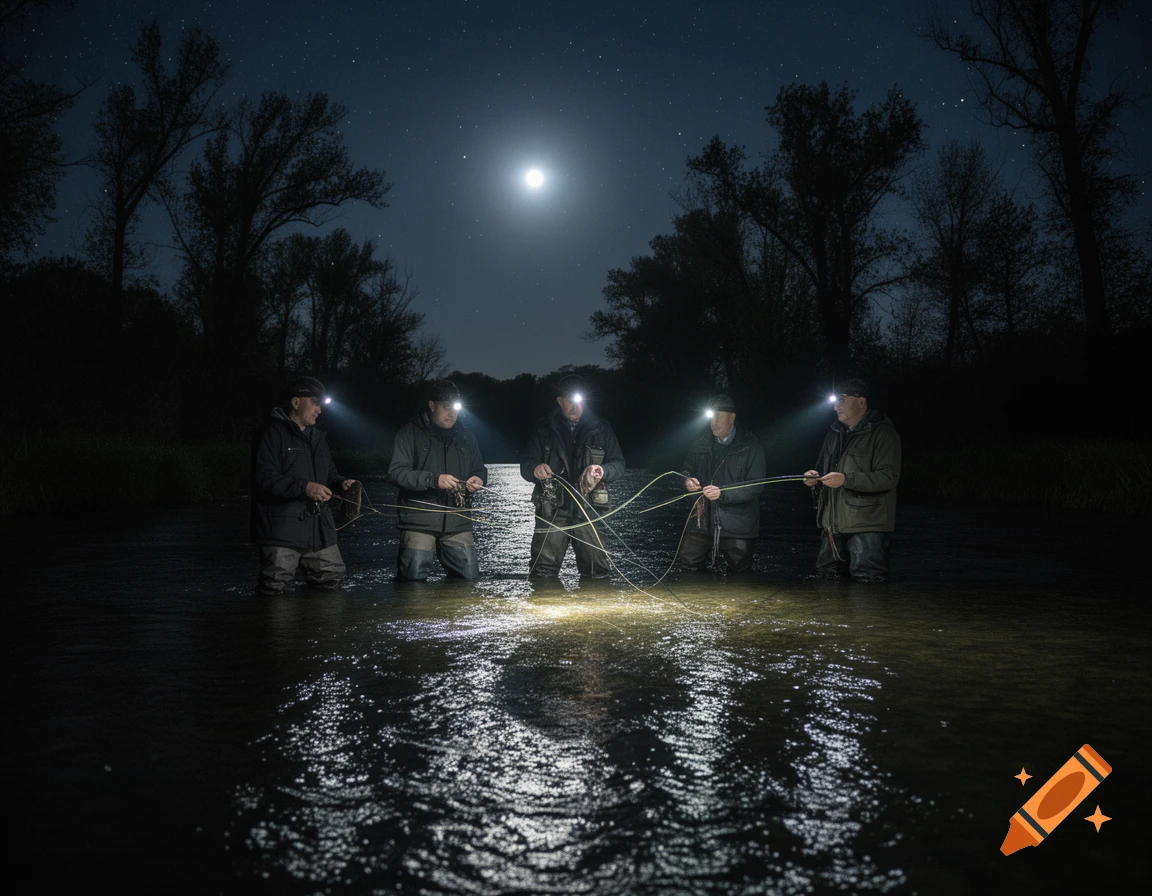 Five men wearing headlamps stand in a river at night, fishing under a full moon and starry sky.