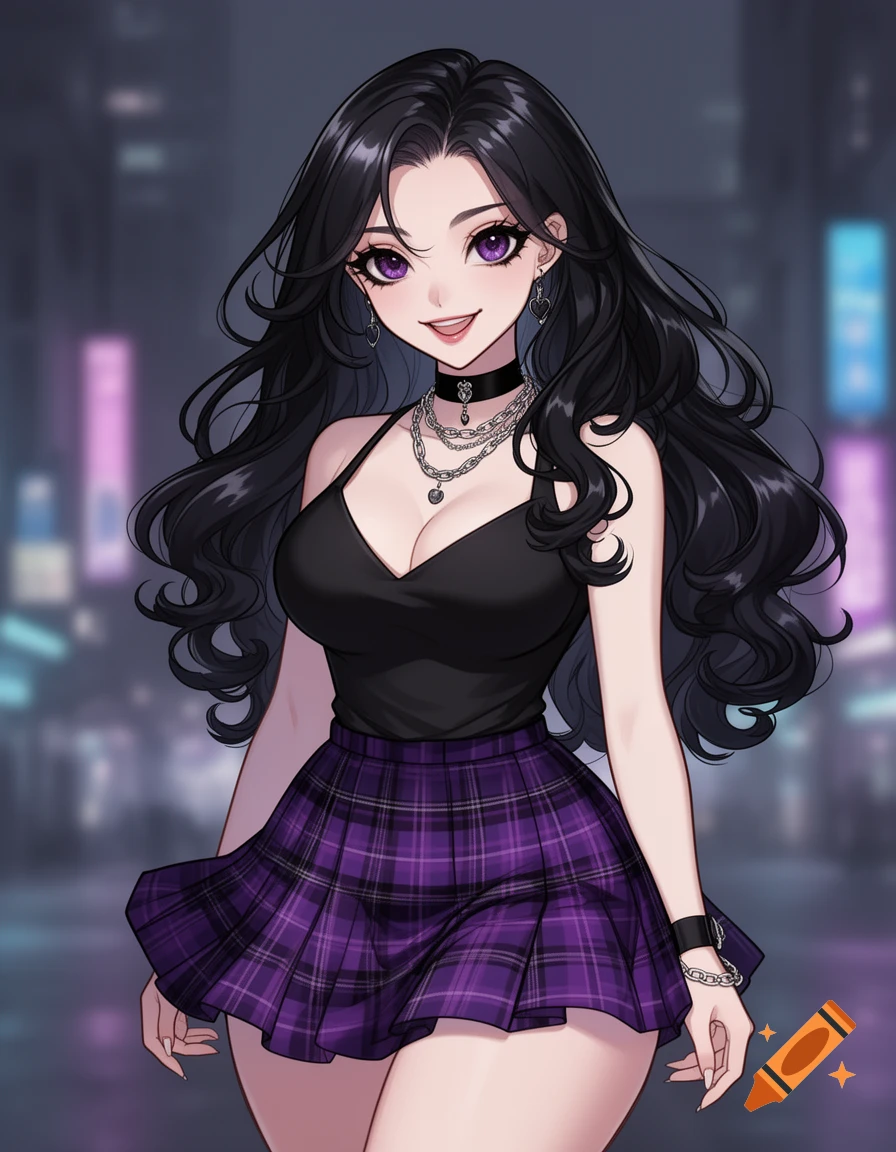 Anime woman with long black hair, purple eyes, black top, and purple plaid miniskirt smiling playfully against a blurry city night.