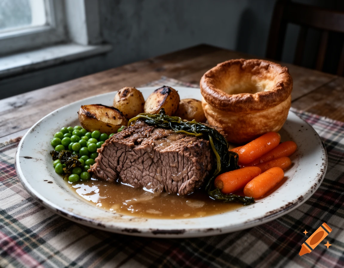 A full plate of roast beef, roasted potatoes, peas, carrots, a Yorkshire pudding, and gravy on a wooden table.