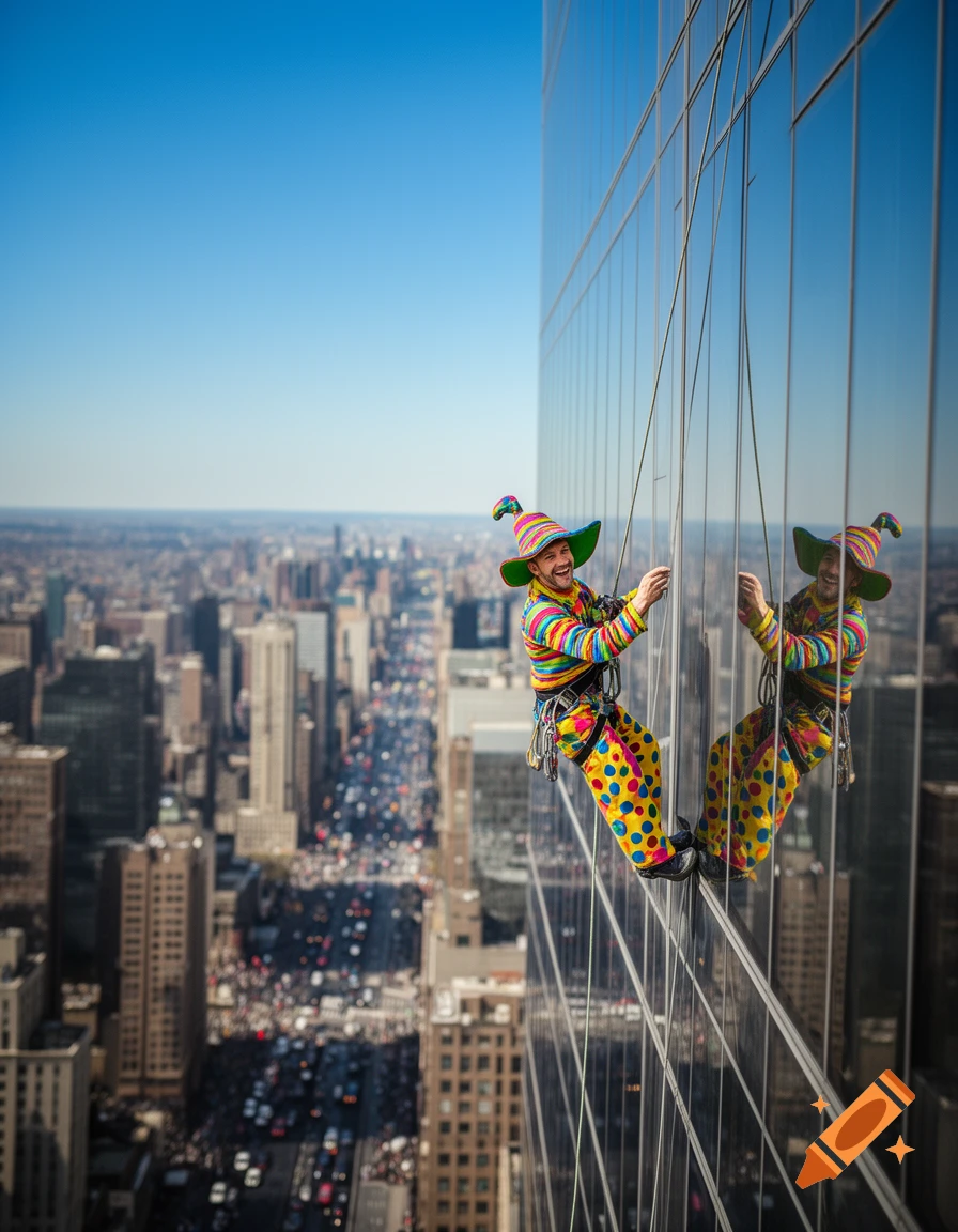 A smiling man in a colorful clown costume abseils down a tall glass building with a sprawling city skyline behind him.