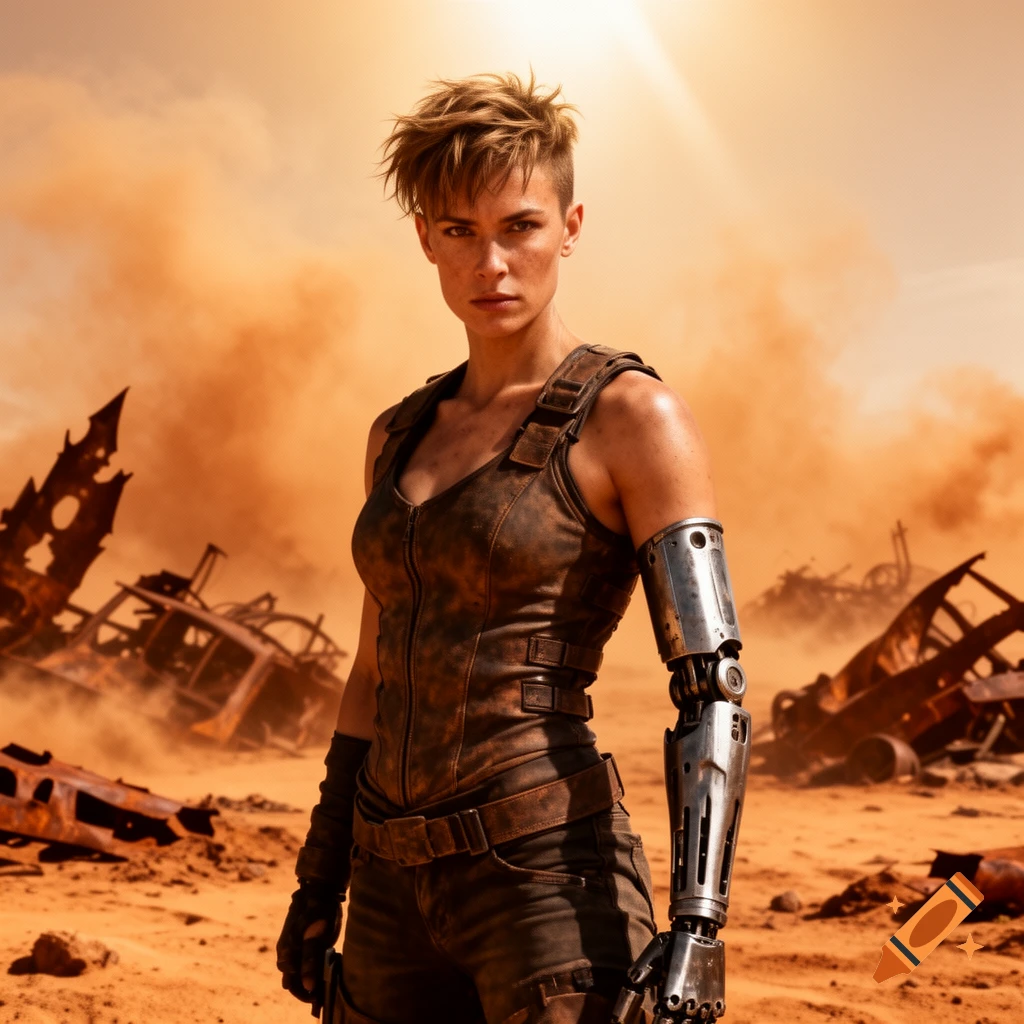 Photorealistic portrait of a determined woman with a prosthetic arm in a dusty, post-apocalyptic wasteland with vehicle wreckage.