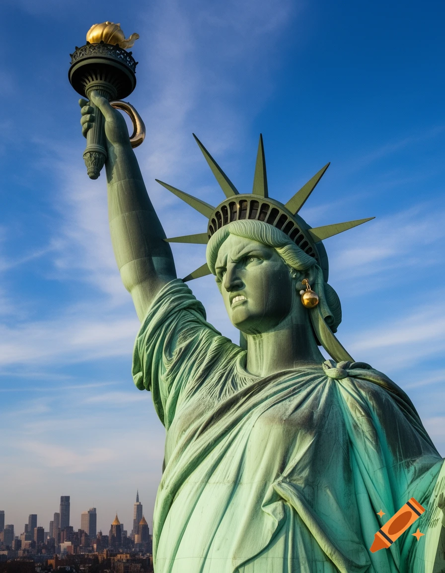 Close-up, low-angle, photorealistic shot of the Statue of Liberty with an angry expression, her right hand raised near her head, against a blue sky with the New York City skyline in the background.