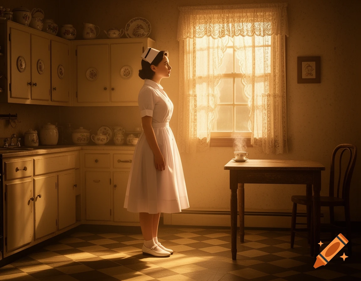 A woman in a 1950s nurse uniform stands in a vintage kitchen, illuminated by golden morning light from a window.