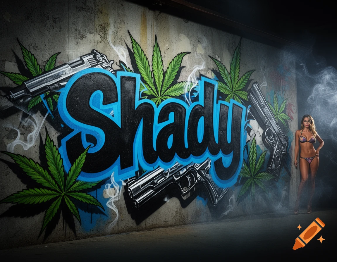 Graffiti of 'Shady' with marijuana leaves and guns on a concrete wall, a woman in a bikini stands in smoke.