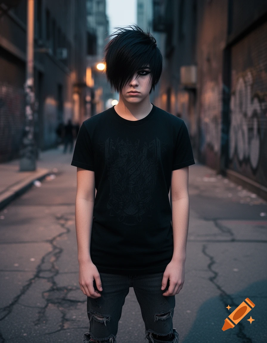 Young person with dark emo hair and makeup, wearing a black t-shirt and ripped jeans, stands in a narrow urban alley at dusk.
