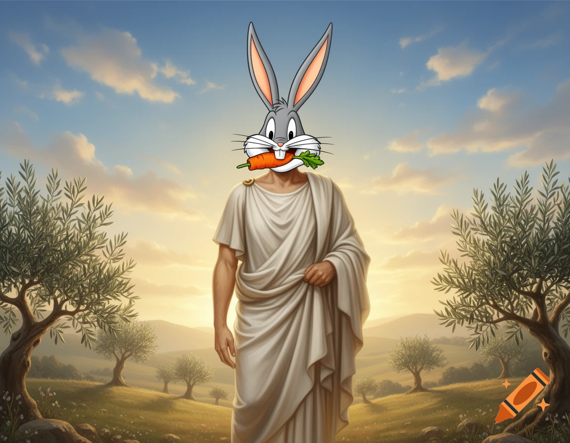 A human figure in a toga with Bugs Bunny's head, eating a carrot, standing in a sunny field with olive trees.