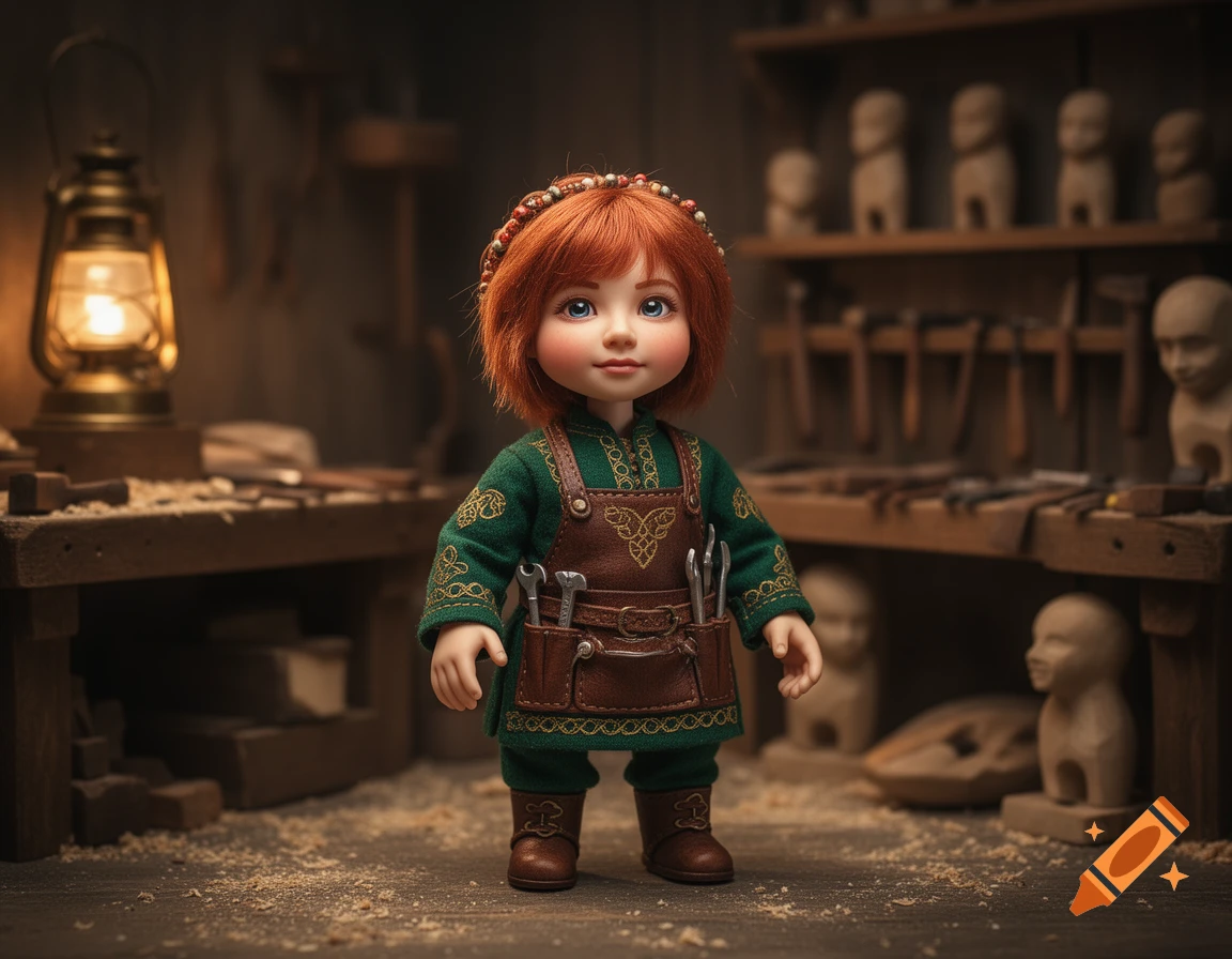 A red-haired female puppet in a green tunic and leather apron stands in a rustic woodworking workshop with tools and wooden busts.