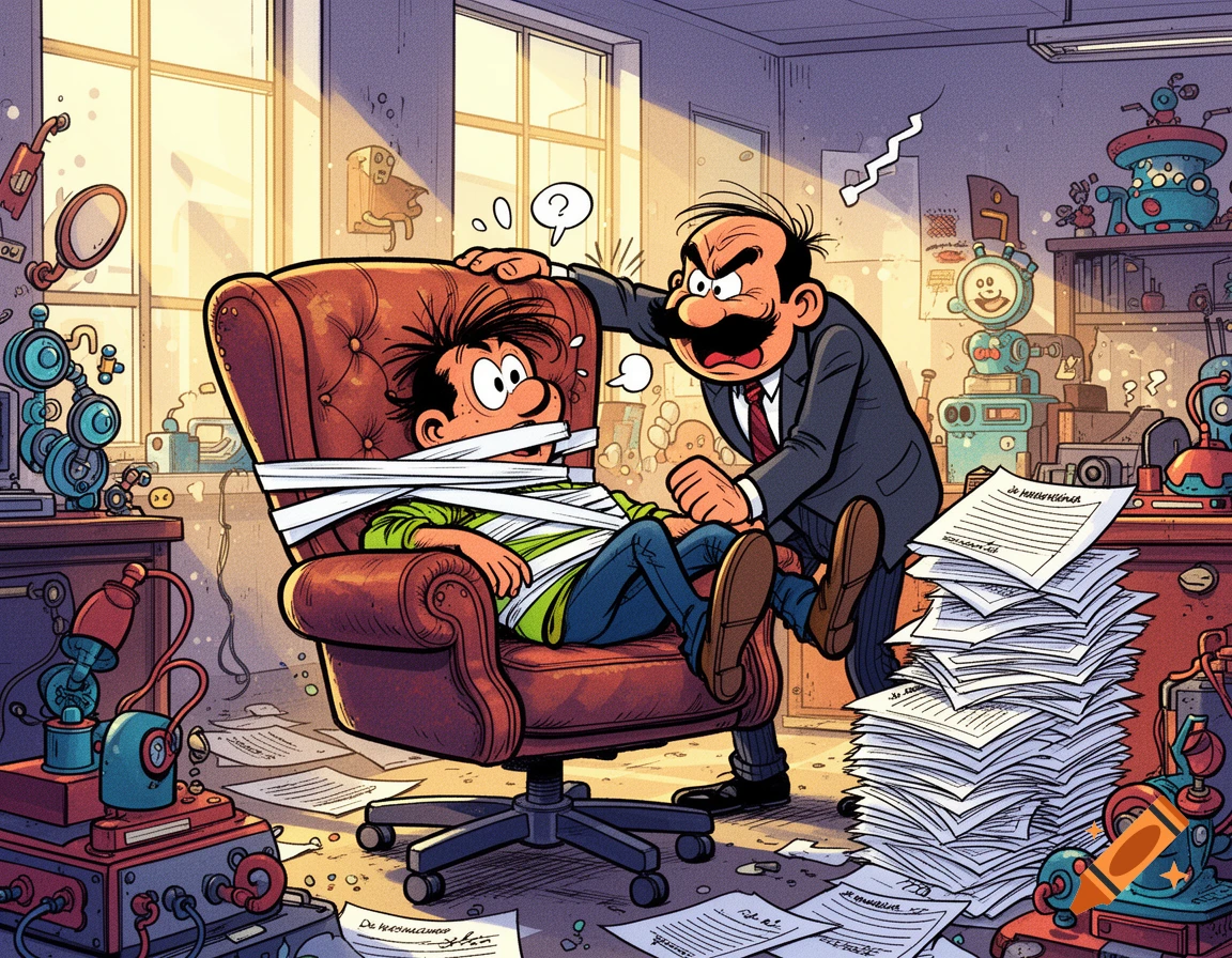 Cartoon image of a man with a mustache leaning over another man tied and gagged in an office chair, surrounded by papers and peculiar machines. The style is reminiscent of classic Franco-Belgian comics.