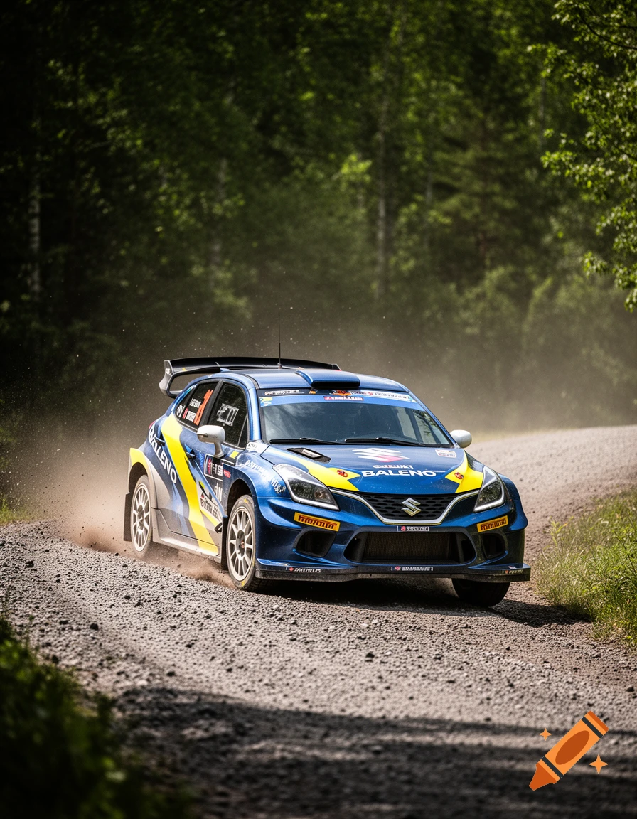 A blue and yellow Suzuki Baleno rally car kicks up dust on a gravel track through a green forest, caught mid-turn.