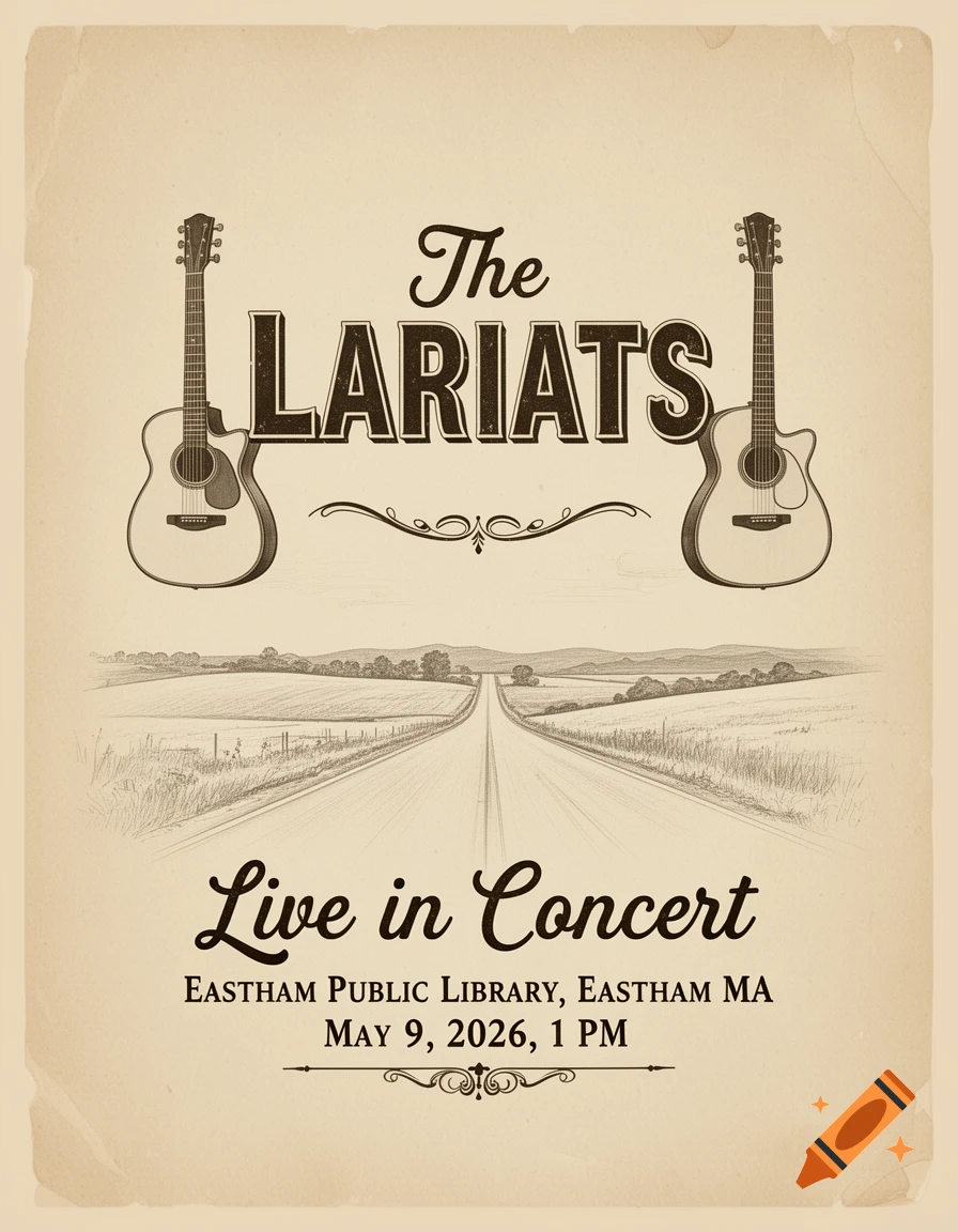 Vintage-style concert poster for 'The Lariats' featuring two acoustic guitars, a road illustration, and concert details.
