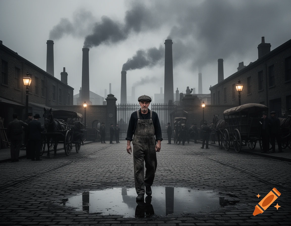 Photorealistic image of a working-class man walking down a cobblestone street in a gritty industrial city with smoking factories.