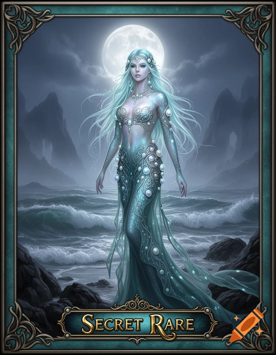 A mystical mermaid with light blue hair and pearlescent attire stands by stormy seas under a full moon, framed like a card with 'SECRET RARE'.
