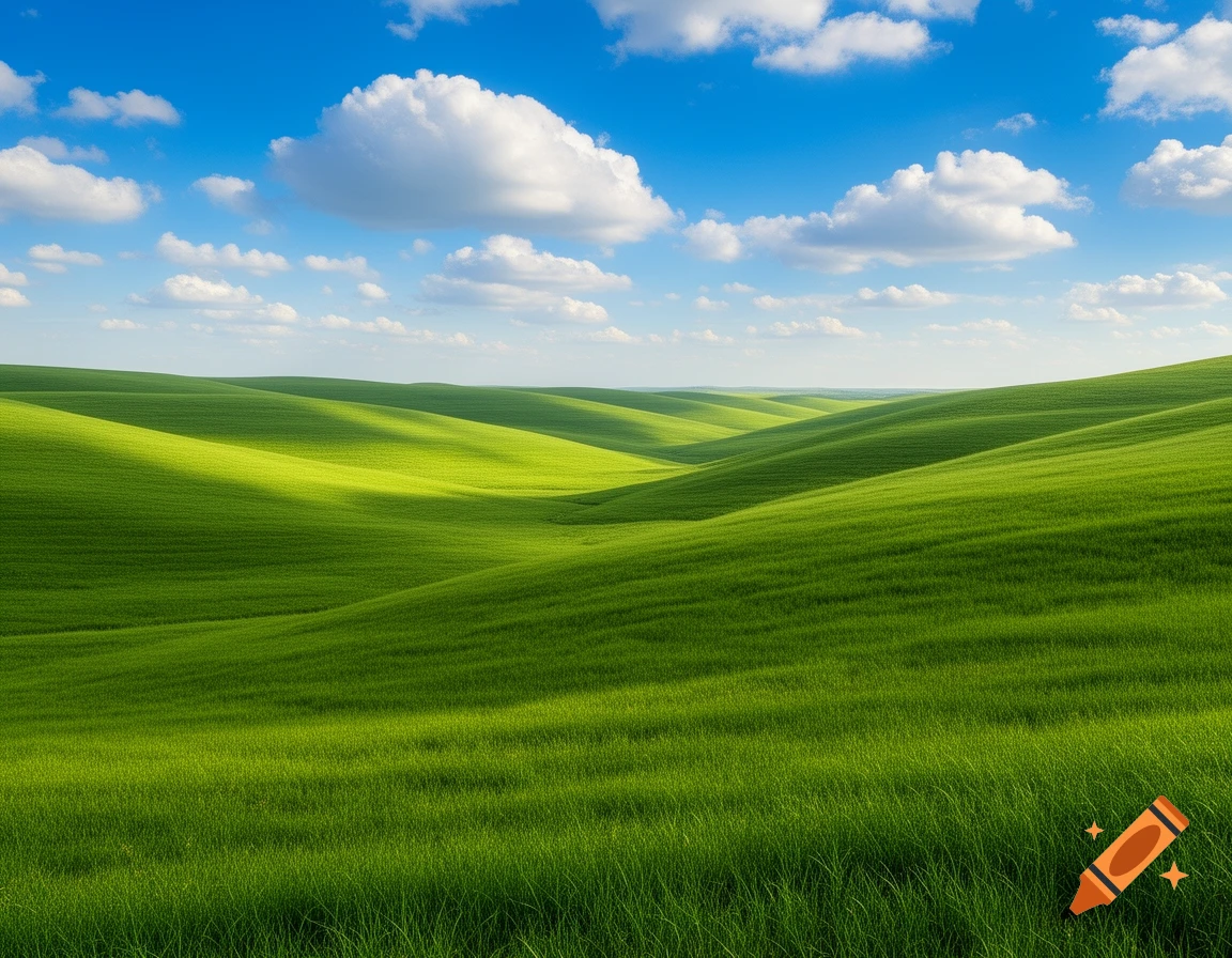 Rolling green hills under a vibrant blue sky with fluffy white clouds ...
