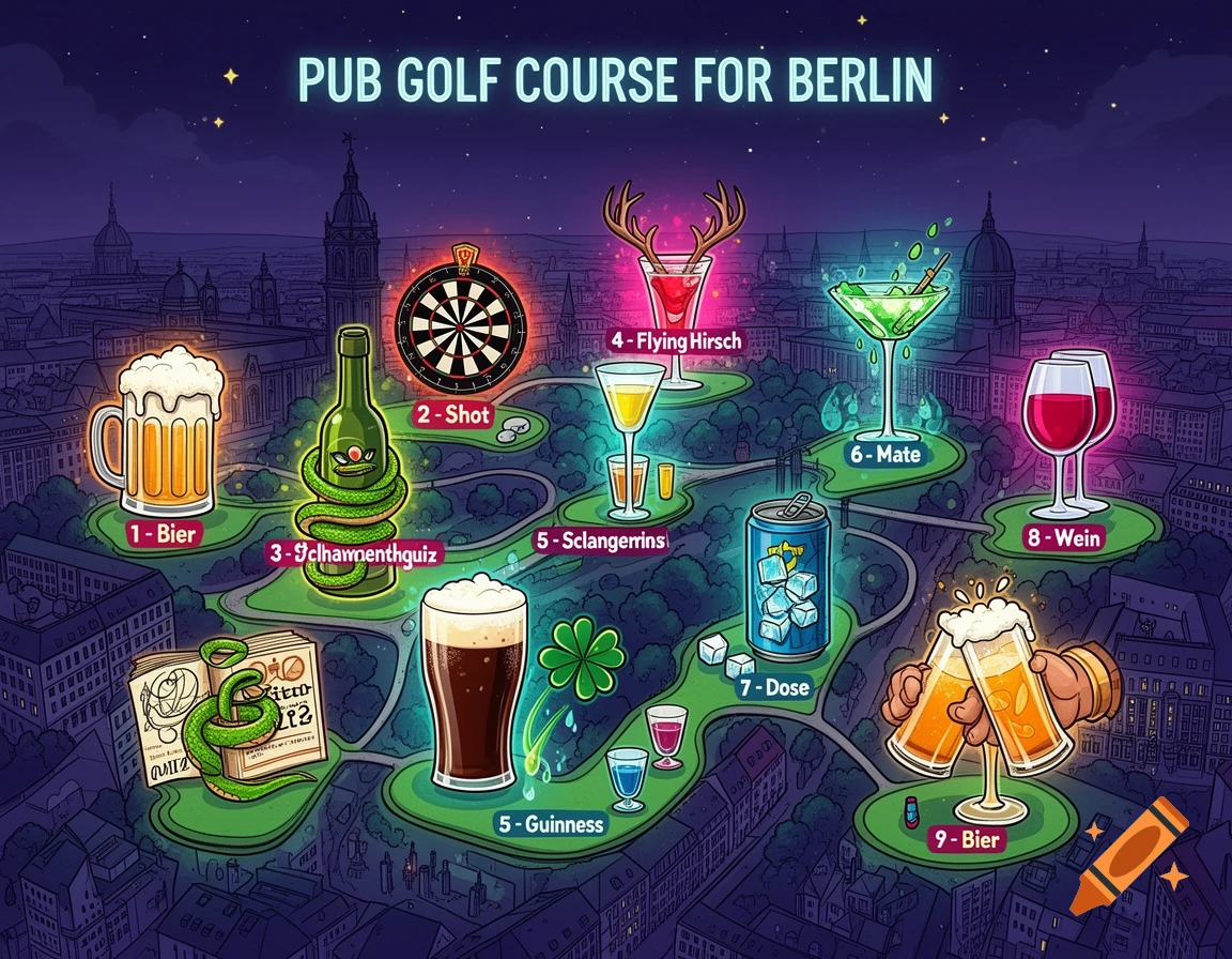 A cartoon map of a "Pub Golf Course for Berlin" at night, showing different numbered holes with alcoholic drinks and related items like a dartboard, various cocktails, beer, and wine.