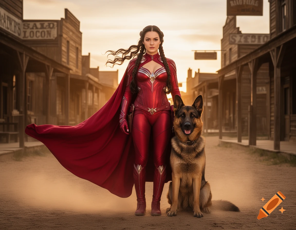 A woman in a red superhero suit and a flowing cape stands with a German Shepherd dog on a dusty Old West street at sunset.