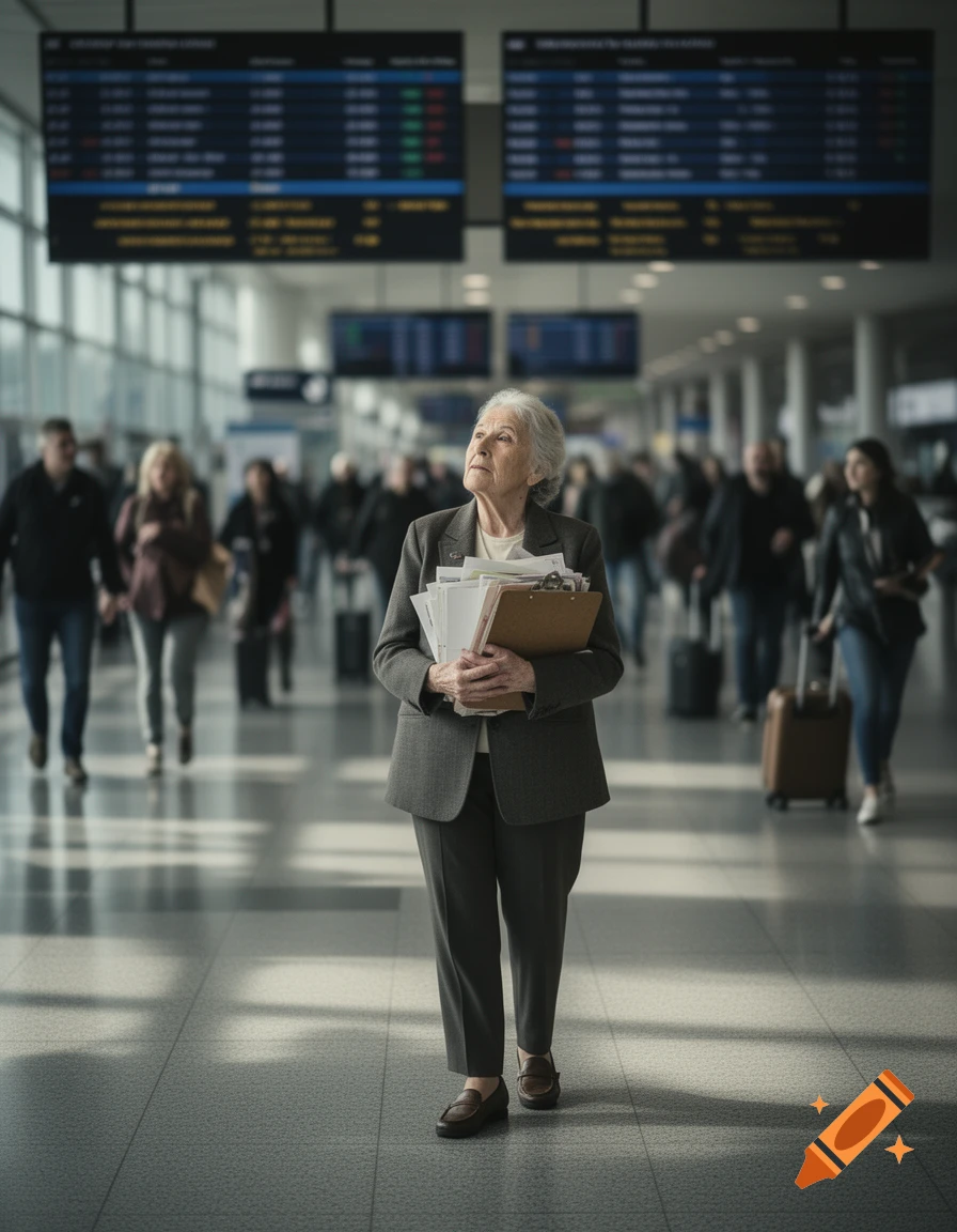 An elderly woman in a grey suit walks through a busy airport terminal, holding a clipboard and looking up at flight information boards.