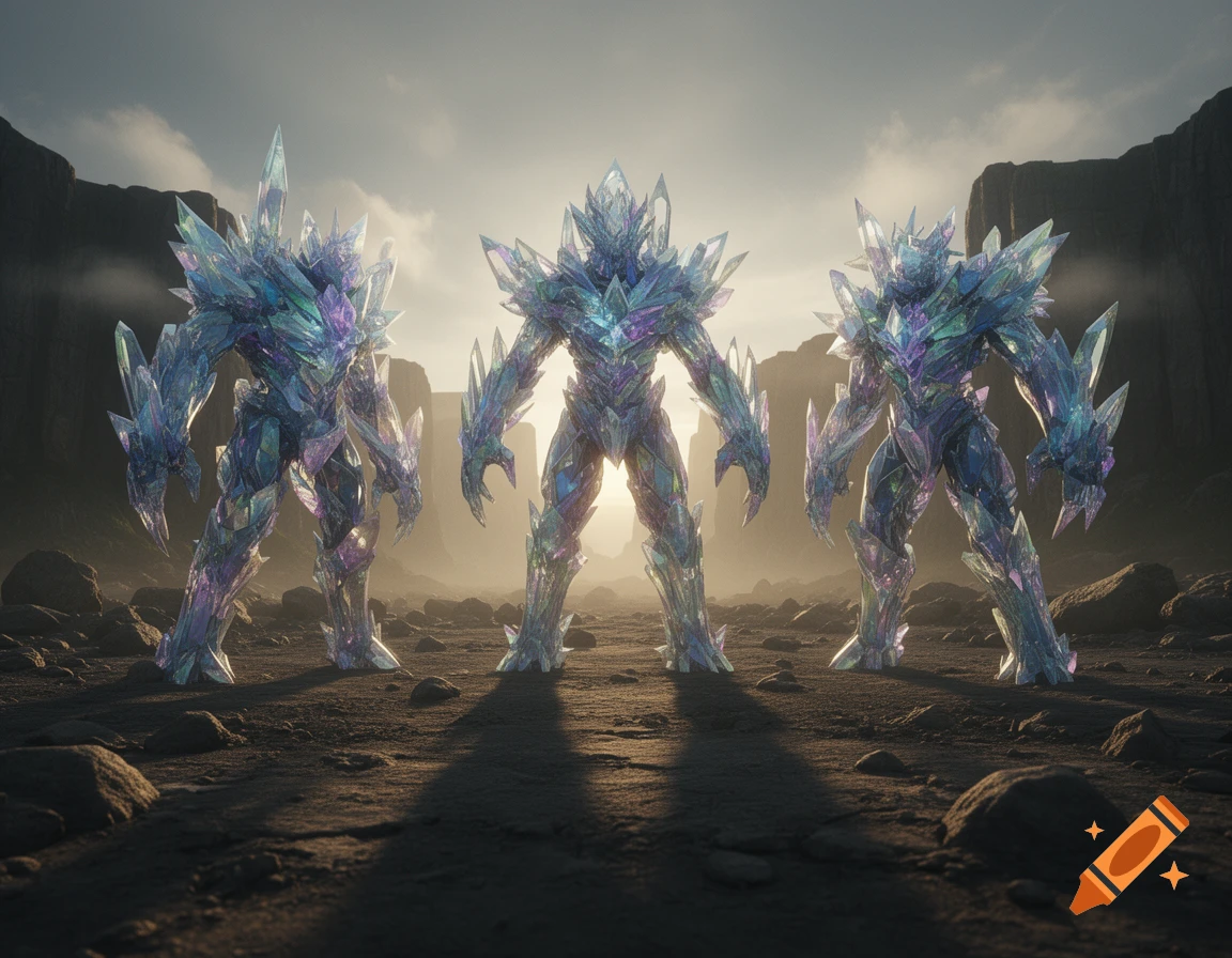 Three shimmering crystal monsters stand in a desolate rocky landscape under a hazy sky, backlit by a bright light.