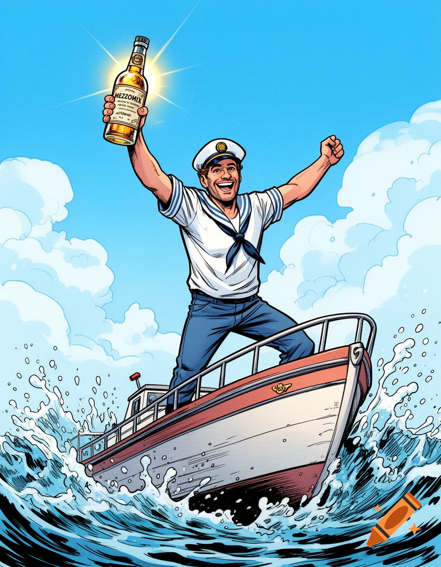 A happy sailor stands on a boat on the ocean, holding up a bottle labeled 'Mezzomix' in a comic book style.