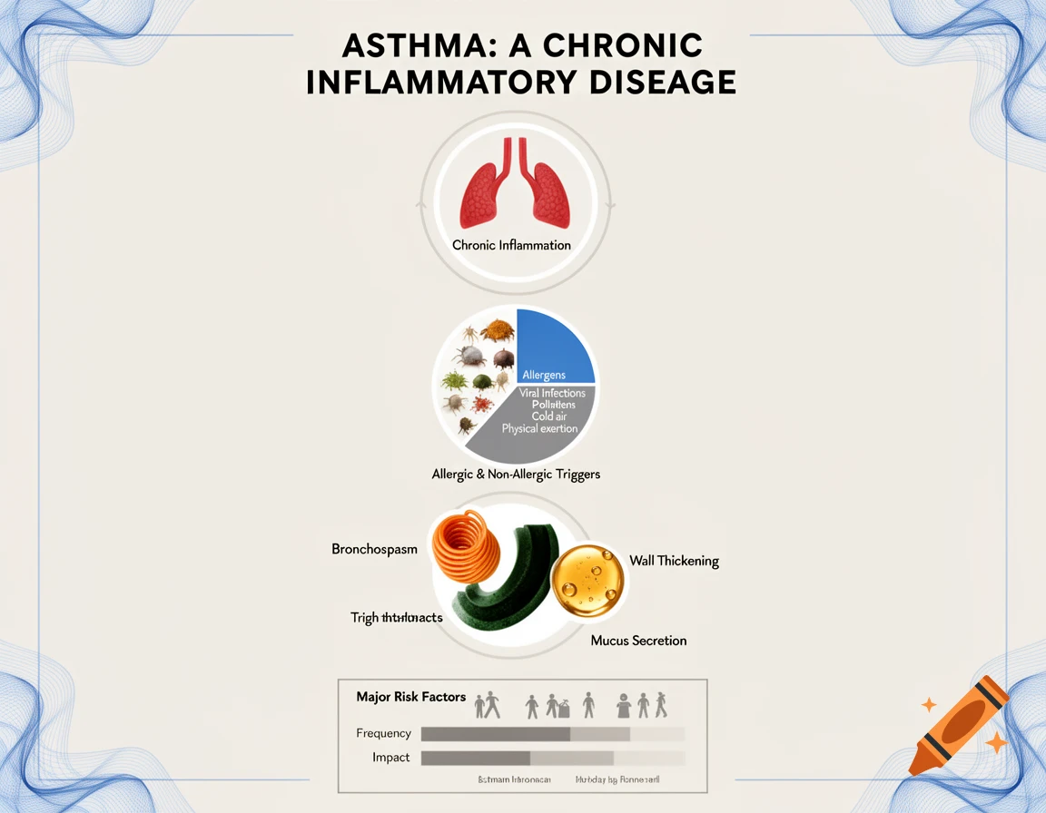 An infographic titled 'Asthma: A Chronic Inflammatory Disease', showing diagrams of lungs, allergic triggers, bronchospasm, wall thickening, mucus secretion, and major risk factors. Some text is garbled.