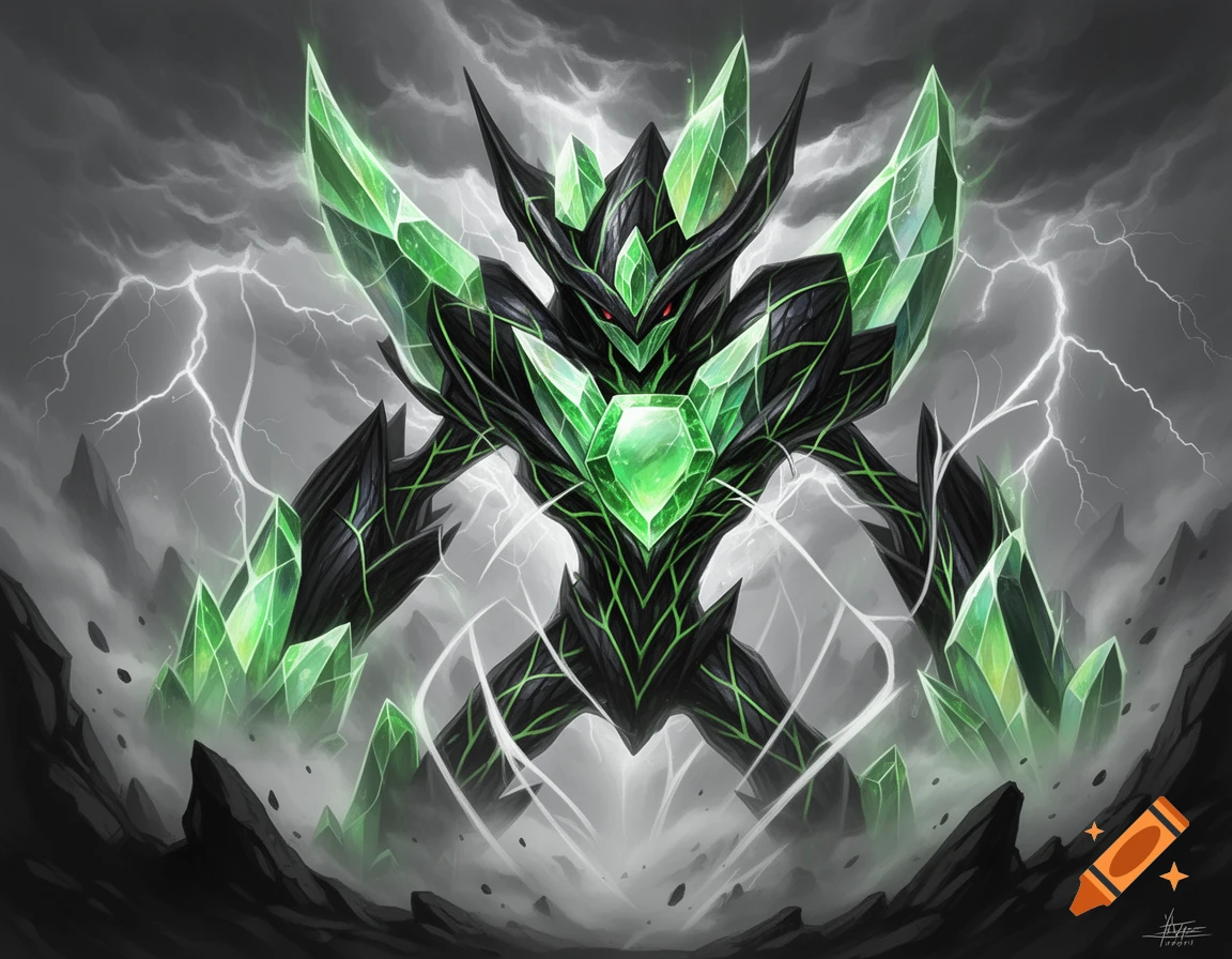 A menacing, dark crystalline monster with glowing green shards and red eyes stands amidst a lightning storm, rendered in a concept art style.