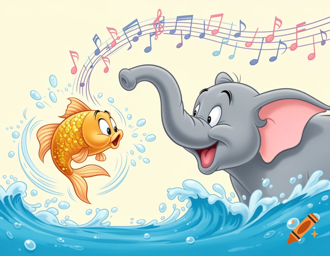 Cartoon elephant and goldfish playing in water with musical notes floating above.