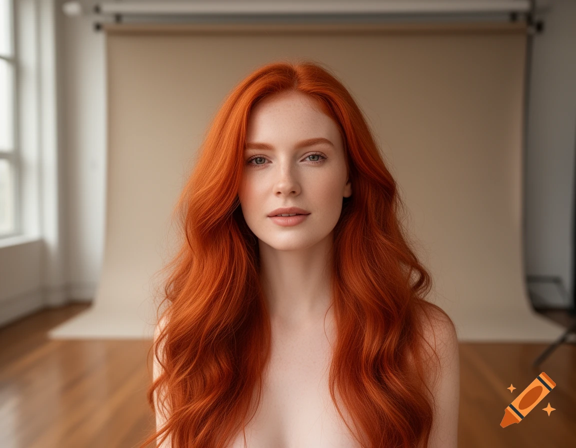 A close-up photorealistic portrait of a woman with long, wavy red hair ...