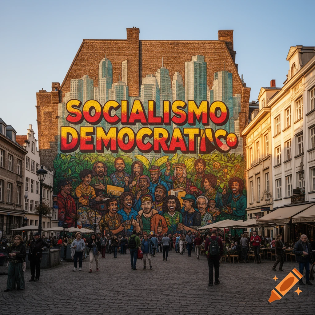A vibrant mural reading 'SOCIALISMO DEMOCRATICO' with diverse smiling people covers a large building in a European city street, filled with pedestrians.
