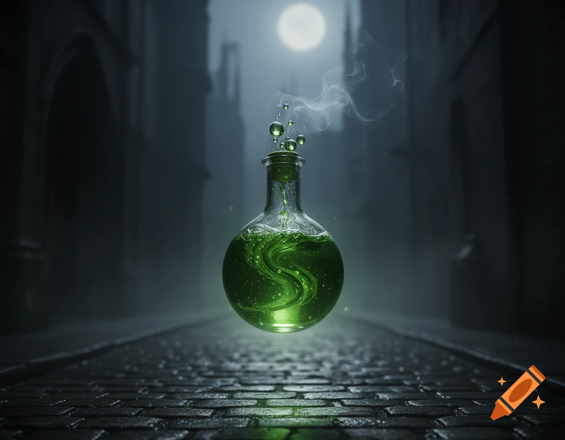 A glowing green potion bottle bubbles and emits smoke on a dark, wet cobblestone street under a full moon, with shadowy buildings in the background.