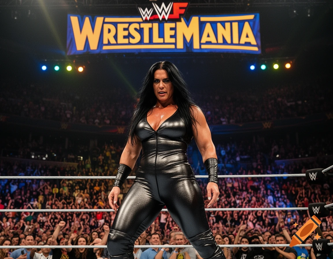 A powerful female wrestler in a shiny black suit poses in a wrestling ring, with a WrestleMania banner above and a cheering crowd.