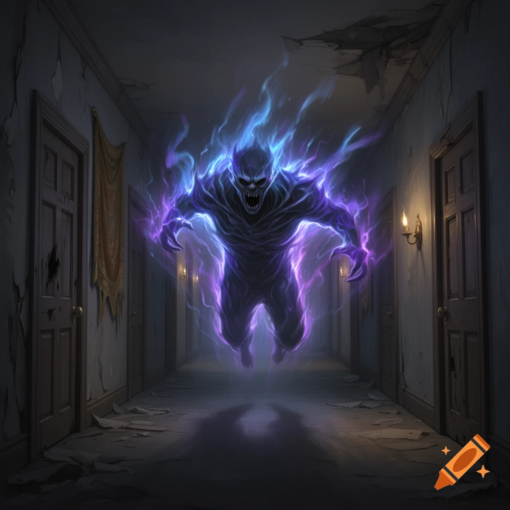 A dark, shadowy monster with glowing blue and purple energy floats in a decaying, dimly lit hallway, its mouth agape with sharp teeth.