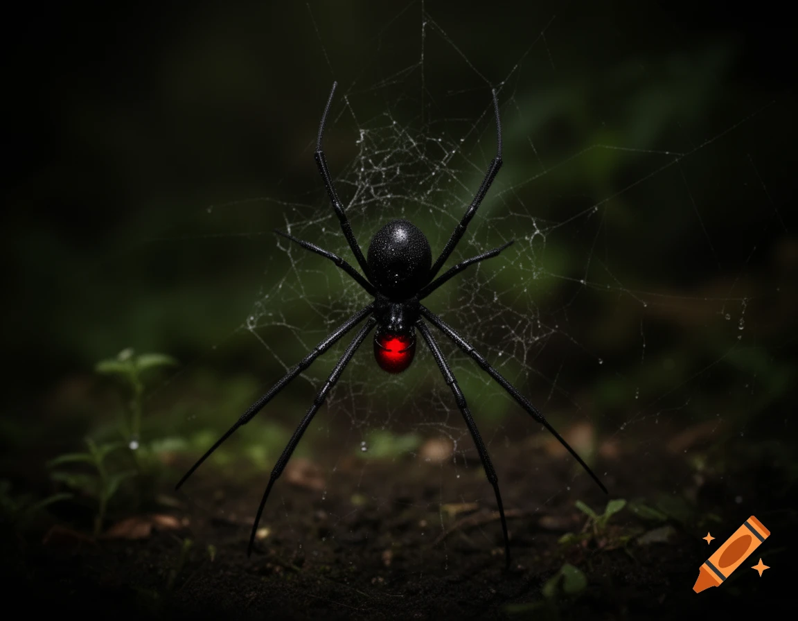 A black widow spider with a bright red hourglass mark rests on its delicate web in a dark, natural setting.