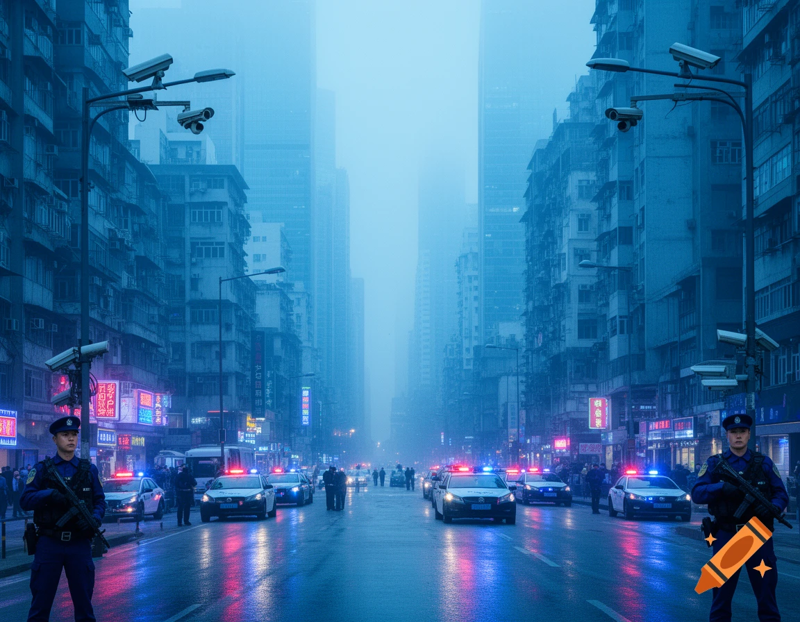 A blue-tinted, foggy city street at night with armed police officers, multiple police cars with flashing lights, and numerous surveillance cameras on lampposts, surrounded by tall buildings.