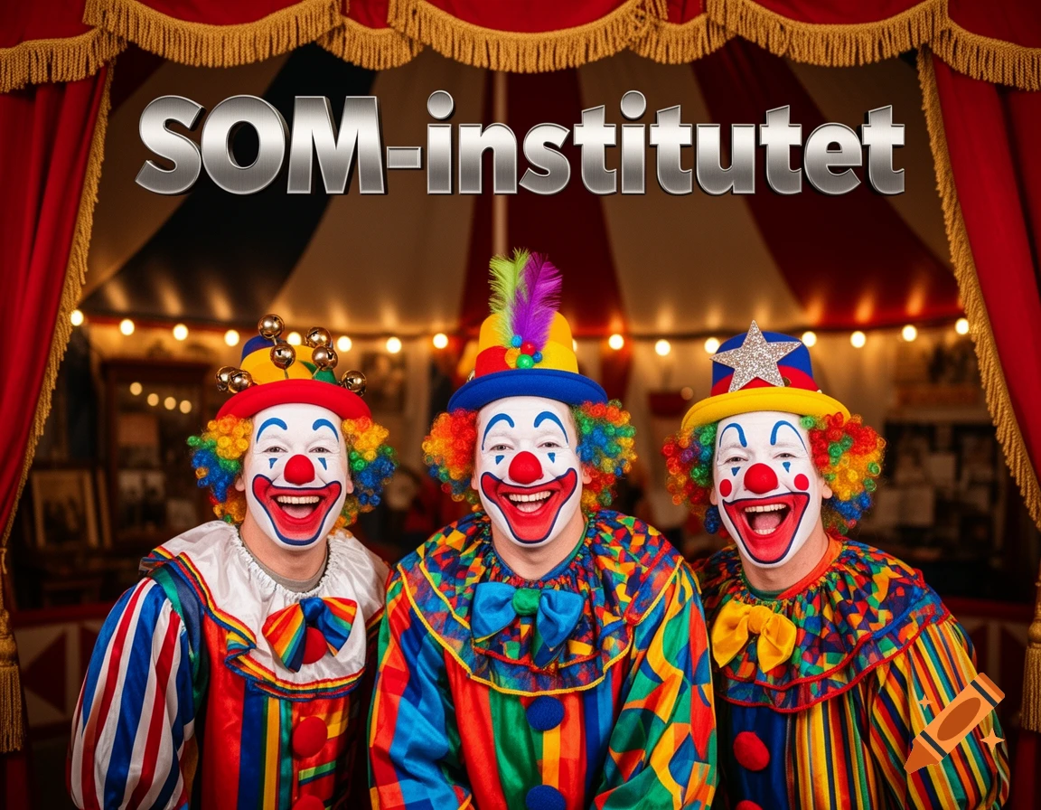 Three smiling clowns in colorful costumes stand inside a circus tent under text reading 'SOM-institutet'.