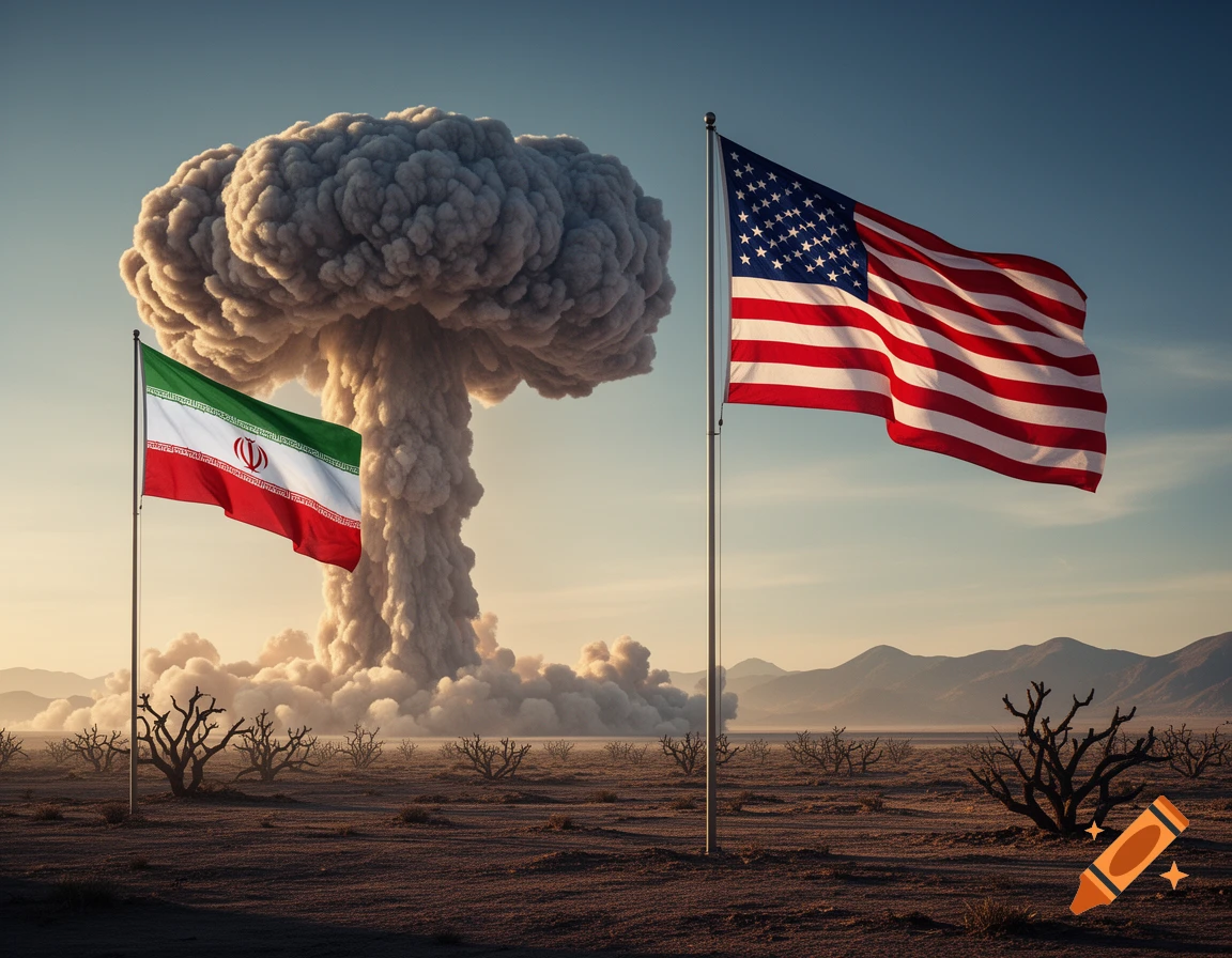 Iranian and American flags planted in a desolate desert landscape with a towering nuclear mushroom cloud in the background.