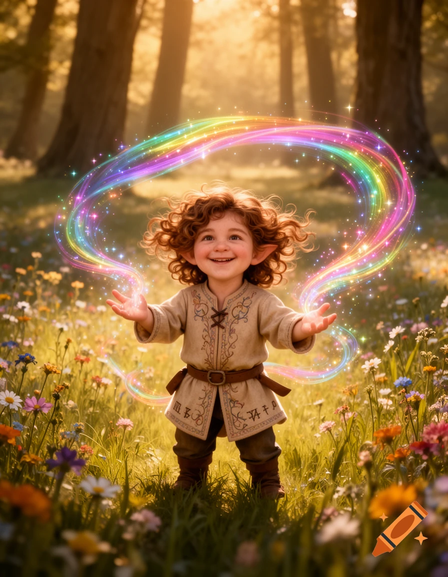 A cute, smiling halfling sorcerer with curly red hair and pointed ears stands in a field of wildflowers, conjuring a bright rainbow magic spell that encircles them. Golden light filters through the trees in the background.